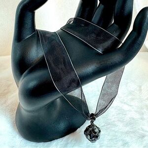 Vintage Express Sheer Ribbon Choker with Black Rhinestone Ball Charm Whimsigoth